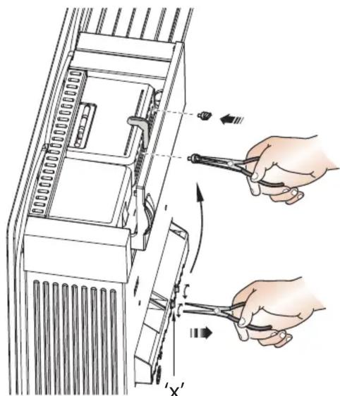 Diagram illustrating a hand using scissors to adjust or remove a device from a computer tower, with directional arrows indicating the process.