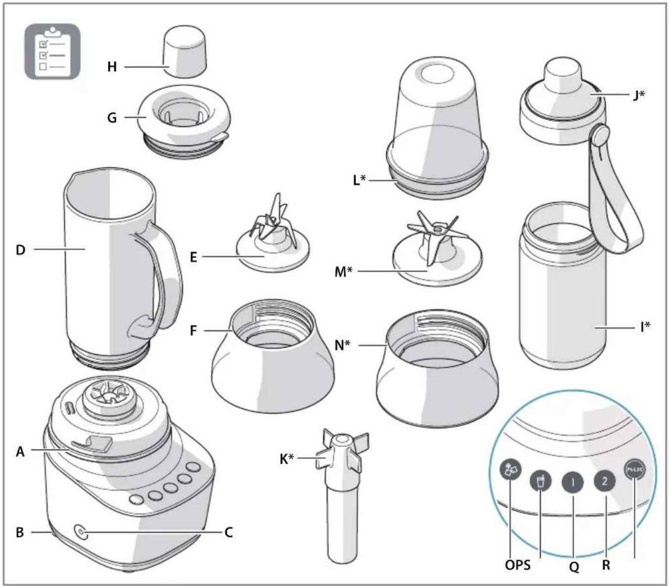 Technical diagram of a kitchen appliance with labeled parts including blender, kettle, and evaporator