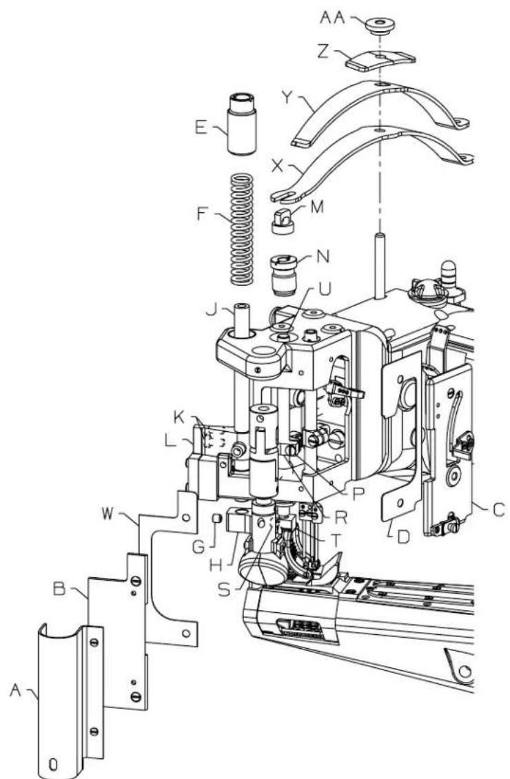 Technical diagram of a mechanical assembly with labeled parts and structural components