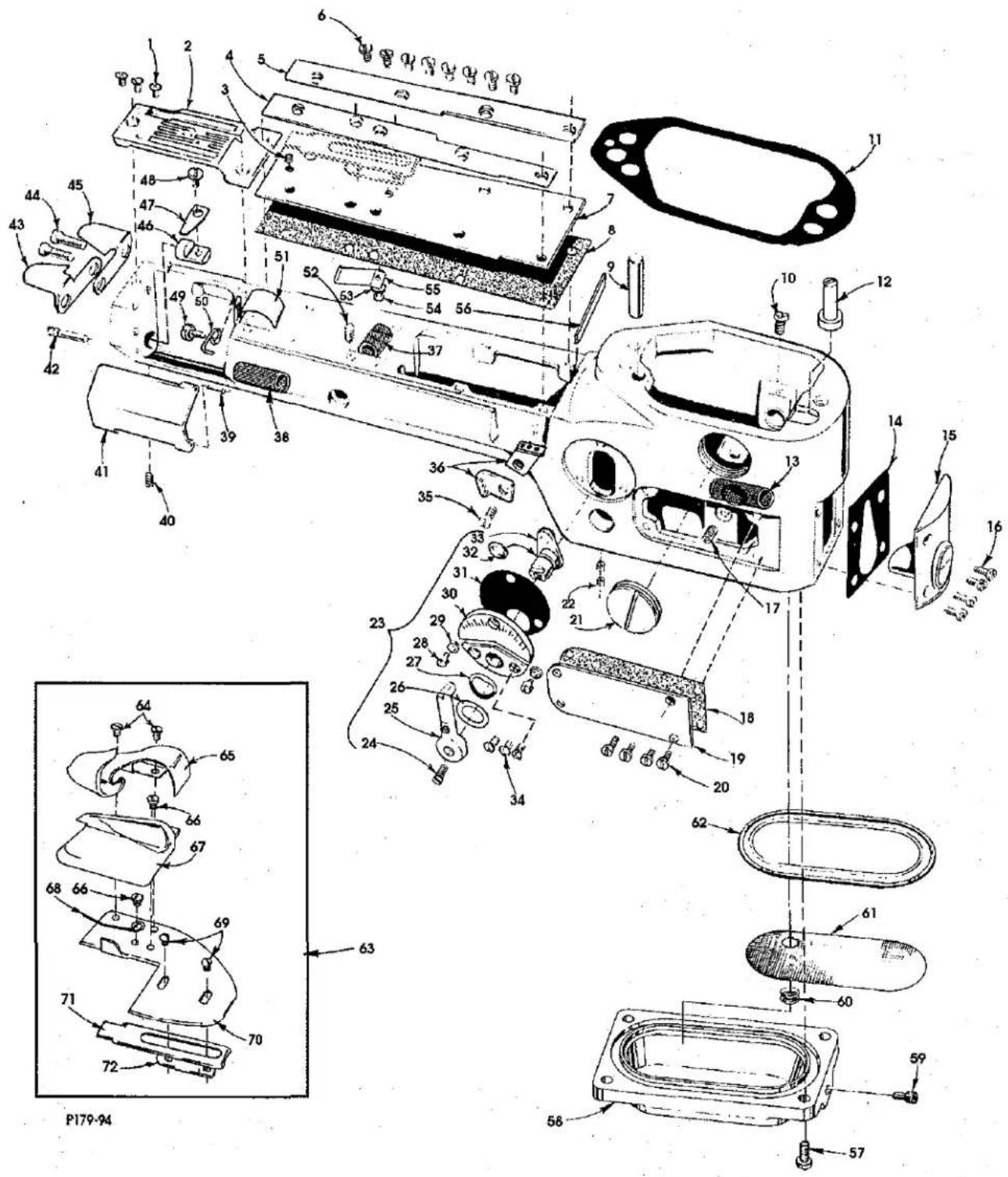 Technical diagram of a device with numbered components and exploded view, including labeled parts and part numbers.