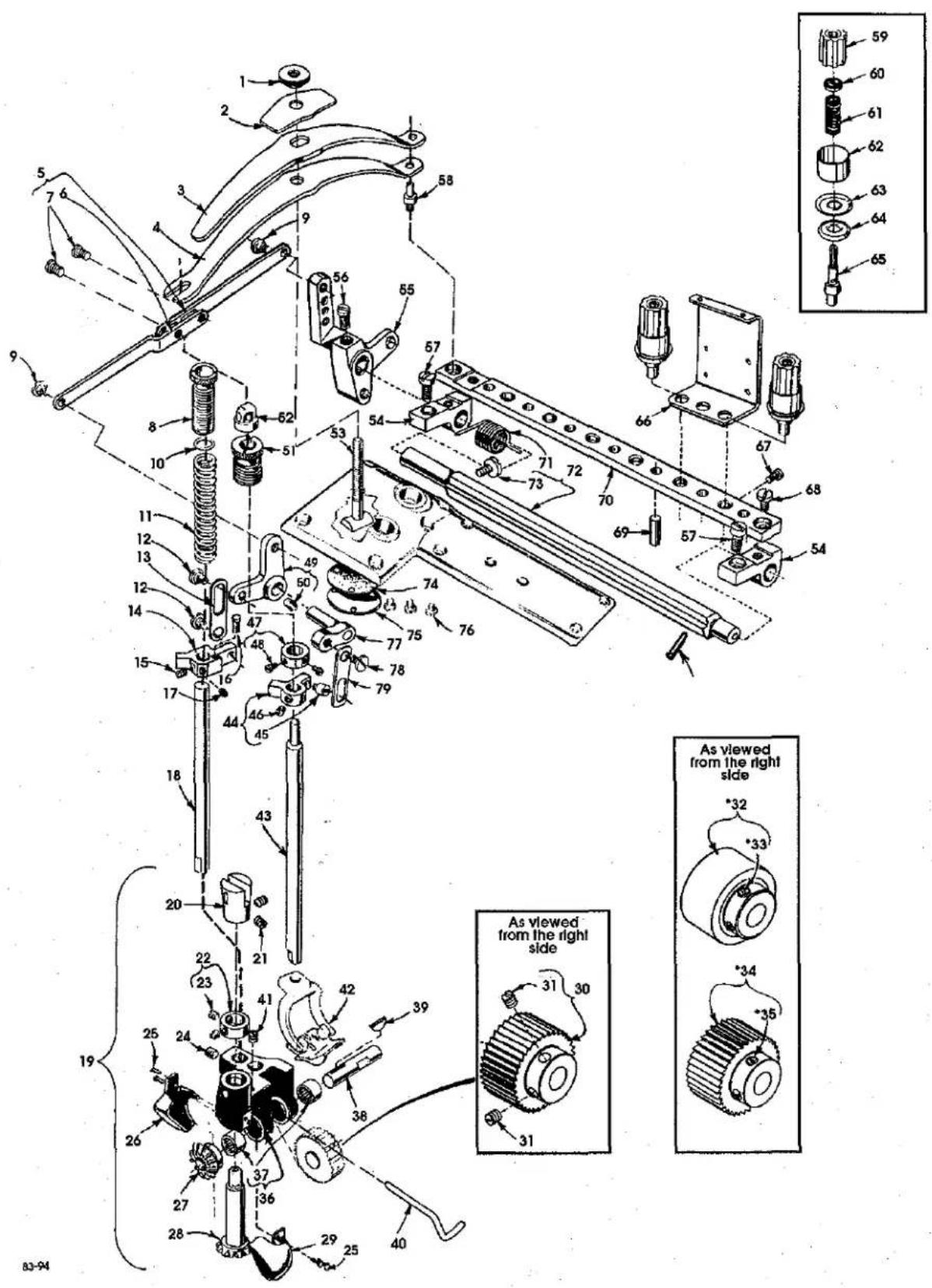 Technical diagram of a mechanical assembly with numbered parts and exploded views, including a side-viewed view of the right side.