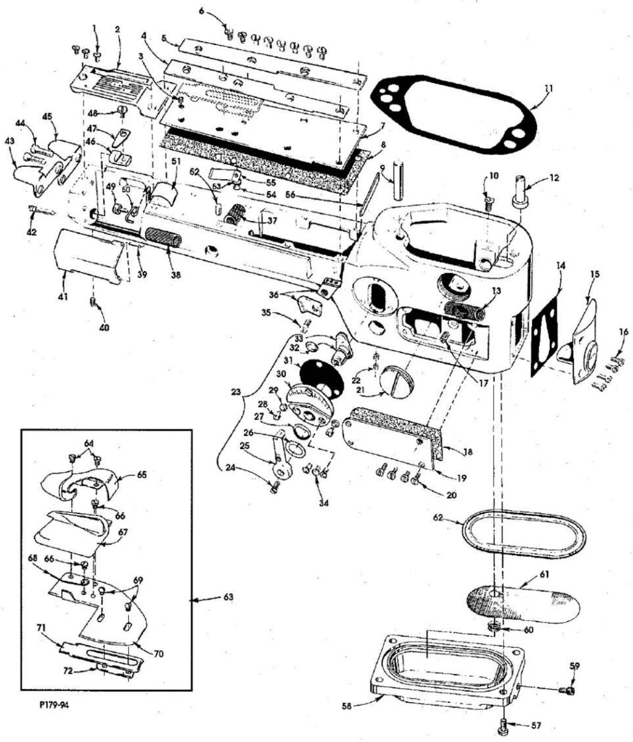 Exploded view diagram of a device with numbered parts and an inset close-up of the internal components.