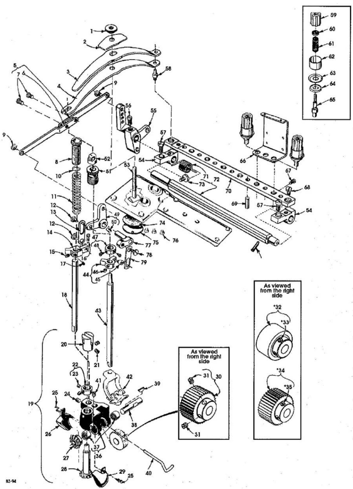 Technical diagram of a mechanical assembly with numbered parts and sectional views, including exploded and assembled views.