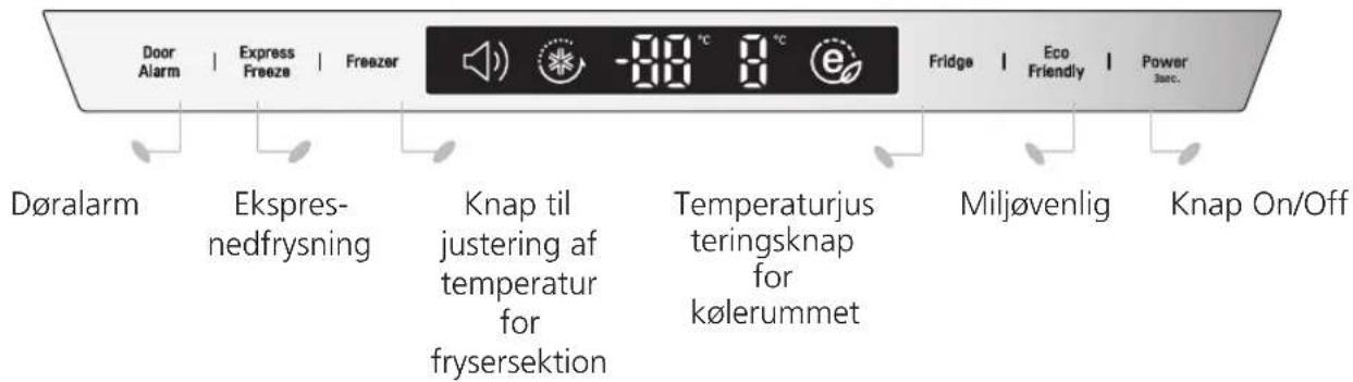Door Alarm | Express Freeze | Freezer Døralarm Ekspresnedfrysning Knap til justering af temperatur for frysersektion -88 °C 8 °C Fridge | Eco Friendly | Power sec. Miljøvenlig Knap On/Off