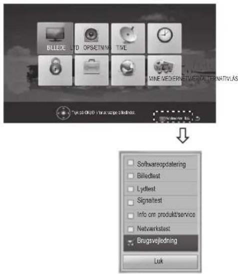 BILLEXE TO OPSETNAY TIME MINE WED/ERNETVER ALTERNATIVLÄS Type 20 ONID / For an recipe 2.0kldtes Softwareopdatering Billedtest Lydltest Signaltest info onr produkt/service Netvaerkstest Brugsvejledning Luk