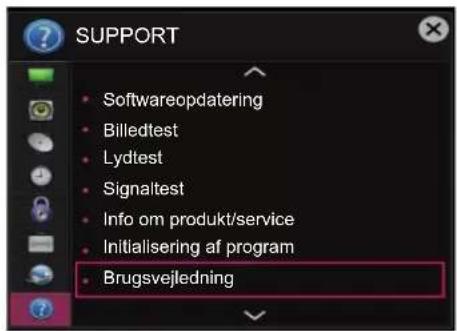 SUPPORT • Softwareopdatering • Billedtest • Lydtest • Signaltest • Info om produkt/service • Initialisering af program • Brugsvejledning