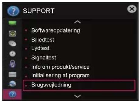 SUPPORT • Softwareopdatering • Billedtest • Lydtest • Signaltest • Info om produkt/service • Initialisering af program • Brugsvejledning