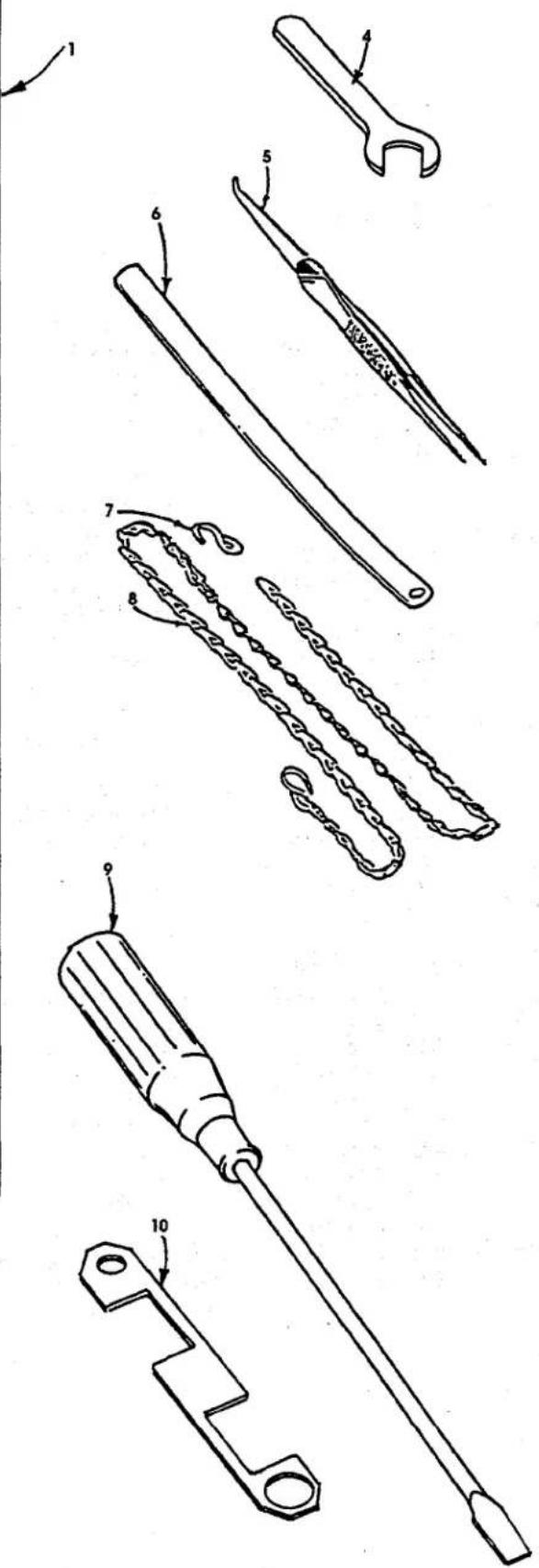 Technical diagram showing exploded view of a mechanical tool with numbered parts, including a screwdriver and various tools.