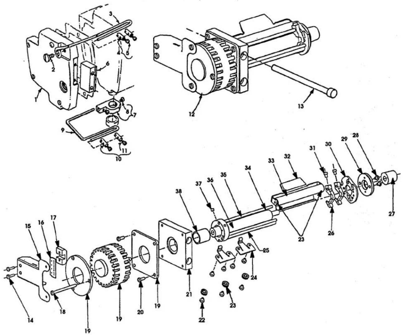 Technical diagram of an electric motor assembly with numbered components and exploded views