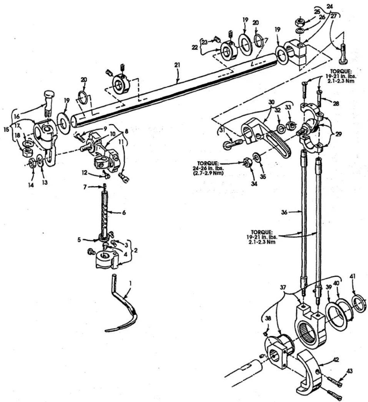 Technical diagram of a mechanical assembly with numbered components and torque specifications in inches and nanometers.