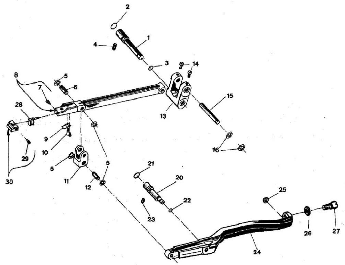 Technical diagram of a mechanical linkage system with numbered components for identification