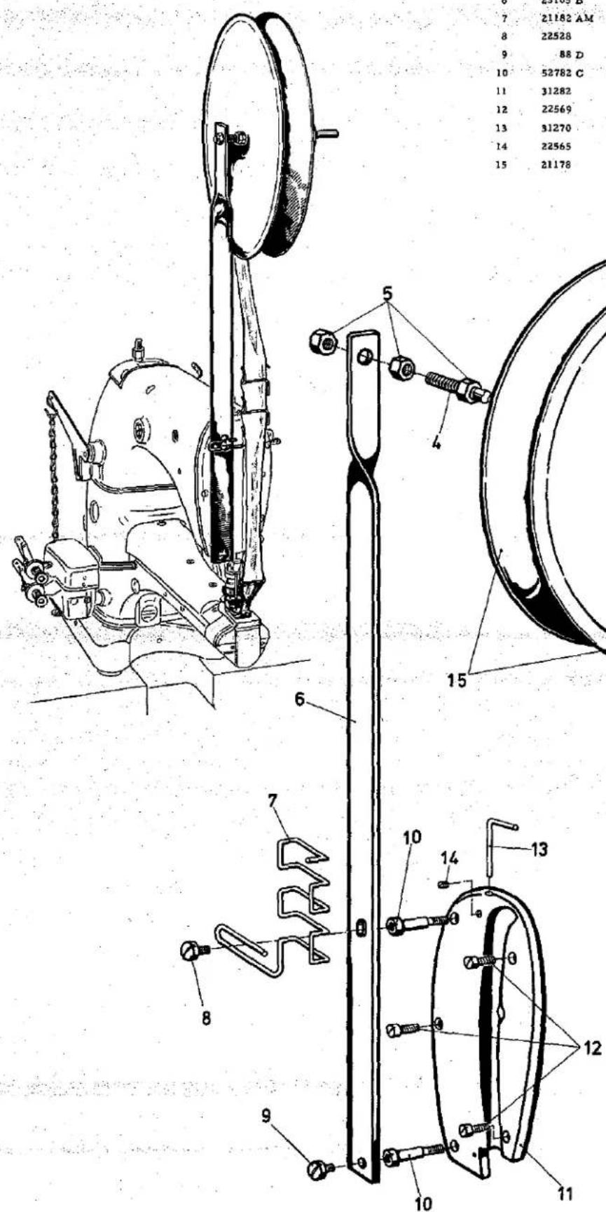 Technical diagram of a sewing machine with numbered parts and corresponding numerical labels on the right.