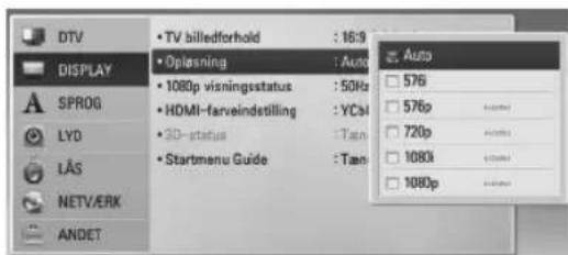 DTV DISPLAY SPROG LYD LAS NETV/ERX ANDET • TV billedforhold : 16:9 • Oplesning : Auto • 108p visningsstatus : 50Hz • HDMI-farveindstilling : YCb4 • 3D-status : Tam • Startmenu Guide : Tam Auto 576 576p 720p 1080s 1080p