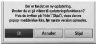Der er fundet en ny opdatering. ønsker du at gå videre til opdateringsfunktionen? Hvis du trykker på 'Hide' ('Skjul'), vissos denne popop-meddelelse ikke, får næste version oloades. OK Annuler Skjul