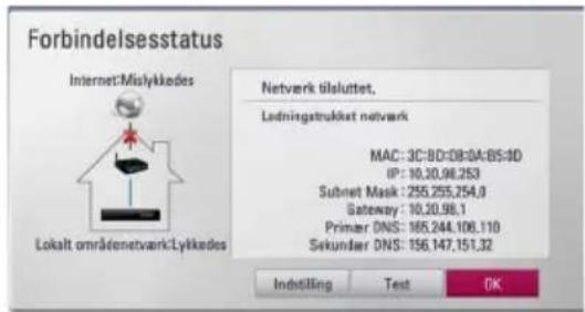 Forbindelsesstatus Internet:Misykkedes Lokalt områdenetverk:Lykkedes Netverk tilsluttet, Ledningstruktur netvark MAC: 3C:8D:0B:0A:8S:8D IP: 10.20.96.253 Subnet Mask: 255,255,254.0 Gateway: 10.20.98.1 Primer DNS: 165,244,106.110 Sekundar DNS: 156,147,151.32 Indstilling Test OK
