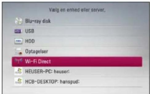Vælg en enhed eller server, Blu-ray disk USB HDD Optagelser Wi-Fi Direct HEUSER-PC: heuser: HCB-DESKTOP: hanspud: