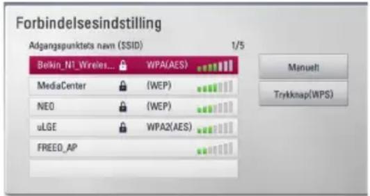 Forbindelsesindstilling Adgangspunktets nam (SSID) 1/5 Bekin_N1_Wireles... WPA(AES) MediaCenter (WEP) NEO (WEP) uLGE WPA2(AES) FREED_AP Menuelt Trykkmap(WPS)