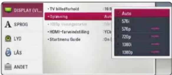 DISPLAY (VI... • TV billedforhold • Opidening • 1000p viemengastatus • HDMI-Tarveindstilling • Startmenu Guide • Auto 576i 576p 720p 1080i 1080p • Auto 576i 576p 720p 1080i 1080p