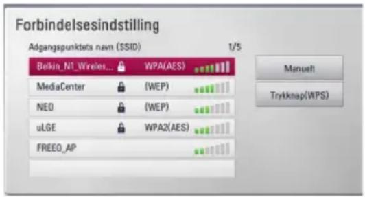 Forbindelsindstilling Adgangspunktets nam (SSID) 1/5 Belkin_N1_Wireles... WPA(AES) MediaCenter (WEP) NEO (WEP) uLGE WPA2(AES) FREED_AP Manuelt Trykkmap(WPS)