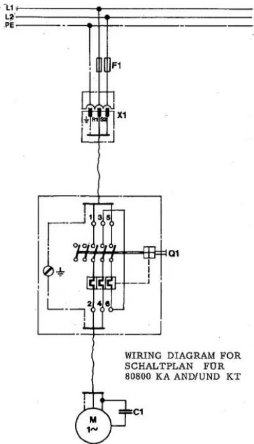 L1 L2 PE F1 X1 R1 S2 1 3 5 Q1 2 4 6 M 1~ C1 WIRING DIAGRAM FOR SCHALTPLAN FUR 80800 KA AND/UND KT