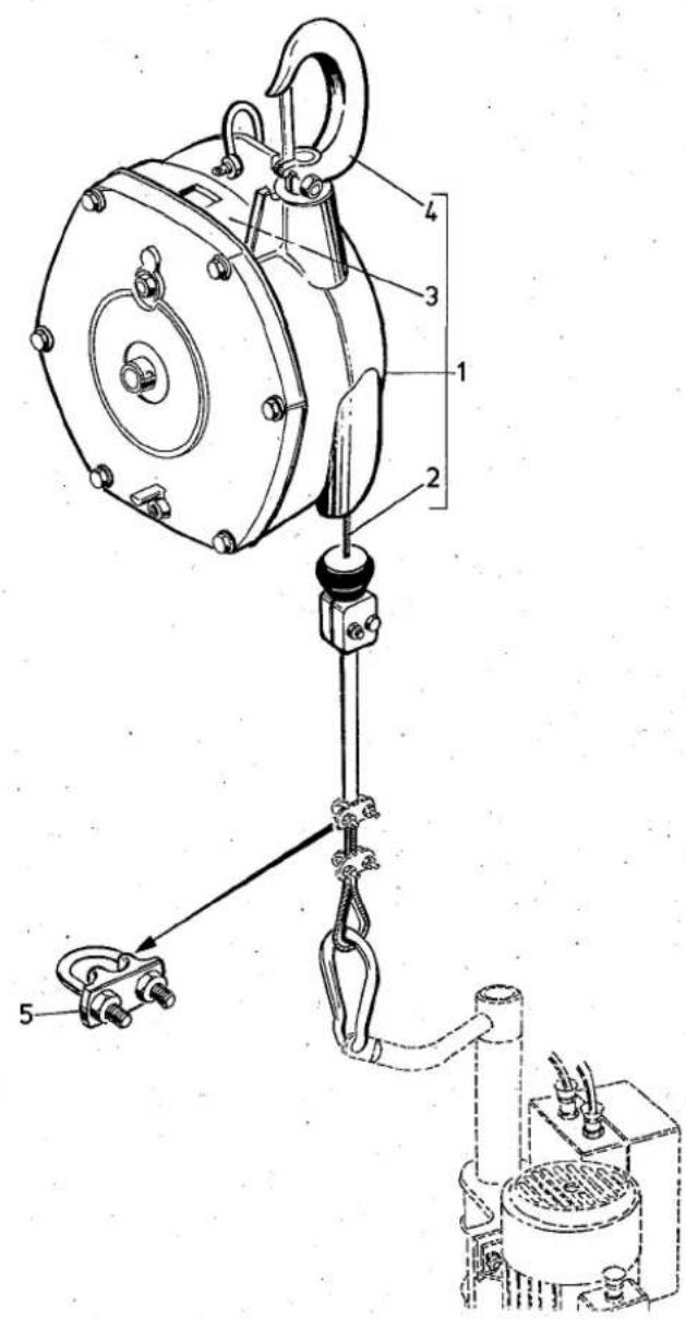 Technical diagram of a mechanical lifting device with numbered components and labeled parts