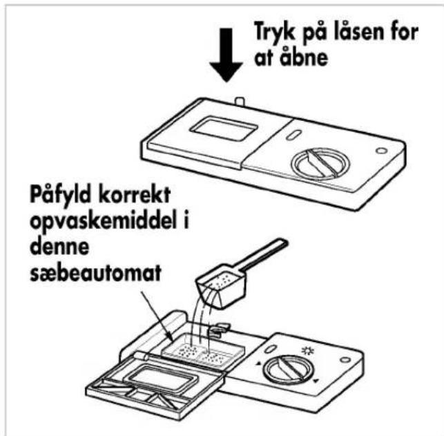 Tryk på låsen for at åbne Påfyld korrekt opvaskemiddel i denne sæbeautomat