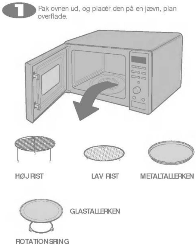 1 Pak ovnen ud, og placér den på en jævn, plan overflade. H∅J RIST LAV RIST METALTALLERKEN GLASTALLERKEN ROTATION SPRING