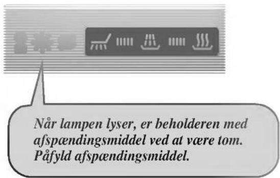 Når lampen lyser, er beholderen med afspændingsmiddel ved at være tom. Påfyld afspændingsmiddel.