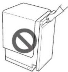 Diagram showing a prohibition symbol on a device with a hand extending to the right side.