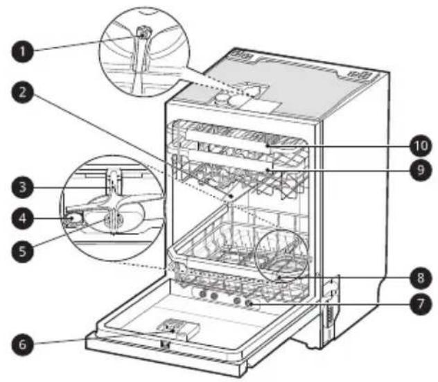 Technical diagram of a refrigerator with numbered parts for identification and assembly reference