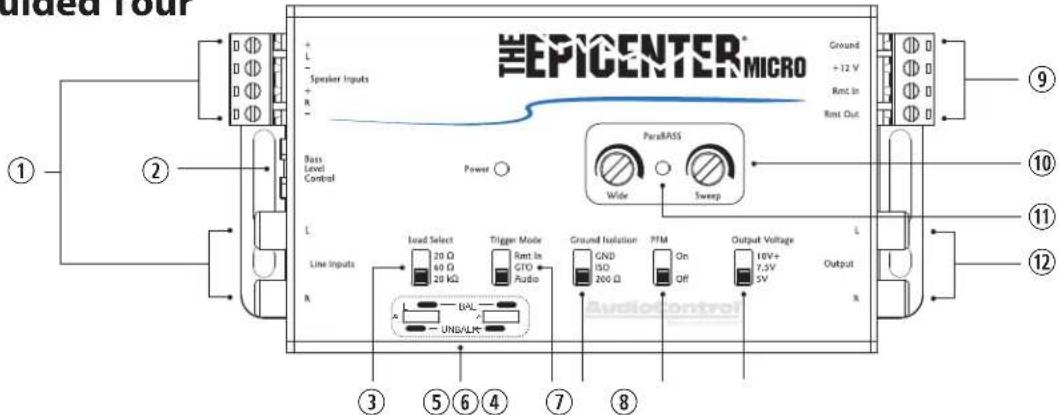 EPICENTER MICRO Speaker Inputs Ground +12 V Runt In Runt Out Bass Level Control Power ParABASS Wide Sweep Line Inputs Load Select 20 Ω 40 Ω 20 kΩ Trigger Mode Runt In GTO Audio Ground Isolation GND ISO 200 Ω PTM On Off Output Voltage 10V+ 7.5V 5V Output UNB/LRC Audiocontrol ① ② ③ ⑤ ⑥ ④ ⑦ ⑧ ⑨ ⑩ ⑪ ⑫ ⑬