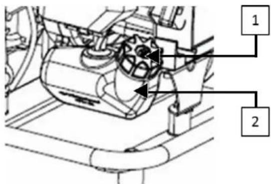 Technical diagram of a mechanical assembly with labeled parts 1 and 2
