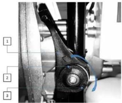 Technical diagram of a mechanical assembly with numbered components and blue circular arrows indicating motion or flow.