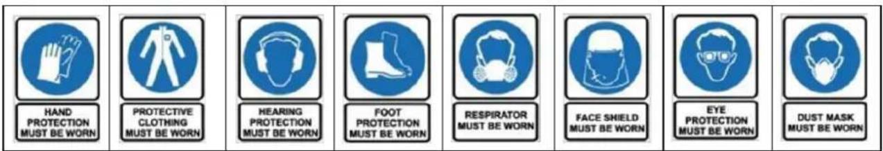 HAND PROTECTION MUST BE WORN PROTECTIVE CLOTHING MUST BE WORN HEARING PROTECTION MUST BE WORN FOOT PROTECTION MUST BE WORN RESPIRATOR MUST BE WORN FACE SHIELD MUST BE WORN EYE PROTECTION MUST BE WORN DUST MASK MUST BE WORN