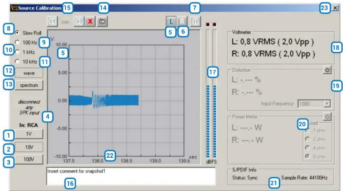 Source Calibration Slow Roll 100 Hz 1 kHz 10 kHz wave spectrum disconnect any SPK input In: RCA 1V 10V 100V Insert comment for snapshot1 16 22 5 6 7 8 9 10 11 12 13 14 15 16 17 18 23 21 S/PDIF Info Status: Sync Sample Rate: 44100Hz Voltmeter L: 0,8 VRMS ( 2,0 Vpp ) R: 0,8 VRMS ( 2,0 Vpp ) Distortion L: -,--- % R: -,--- % Input Frequency 1000 Power Meter L: --- W R: --- W 20 Load: 1 ohm 2 ohm 4 ohm 8 ohm