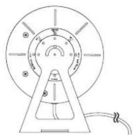Technical diagram of a circular device with labeled components and directional arrows indicating rotation or movement.