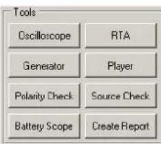 Tools Oscilloscope RTA Generator Player Polarity Check Source Check Battery Scope Create Report