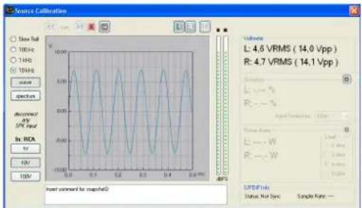 Source Calibration Wave full 100Hz 1MHz 100kHz wave spectrum disconnect dry 50% read in: RCA TV USB 10V Host connected for impacted0 Volume L: 4.6 VRMS ( 14.0 Vpp ) R: 4.7 VRMS ( 14.1 Vpp ) Simulation L: ~ % R: ~ % Signal Output: 100% Source State L: - W R: - W SPD(P) No. Status: Not Sync Sample Type: —