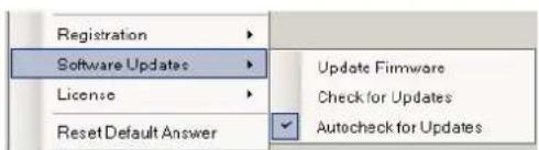 Registration Software Updates License Reset Default Answer Update Firmware Check for Updates Autocheck for Updates