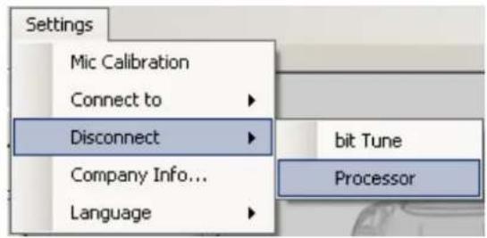 Settings Mic Calibration Connect to Disconnect Company Info... Language bit Tune Processor