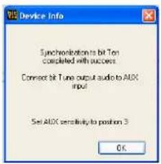 Device Info Synchronization is bit Ten completed with success Connect bit Tune output audio to AIDX input Set AIDX sensitivity to position 3 OK