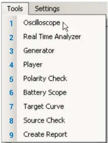 Tools Settings 1 Oscilloscope 2 Real Time Analyzer 3 Generator 4 Player 5 Polarity Check 6 Battery Scope 7 Target Curve 8 Source Check 9väCreate Report
