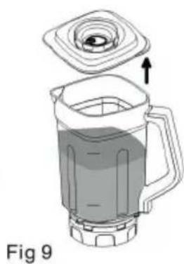 Illustration of a blender with liquid and lid, labeled Fig 9 (no text or symbols on the diagram itself)