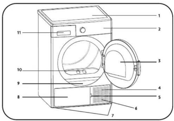 Diagram of a front-loading washing machine with numbered parts for identification