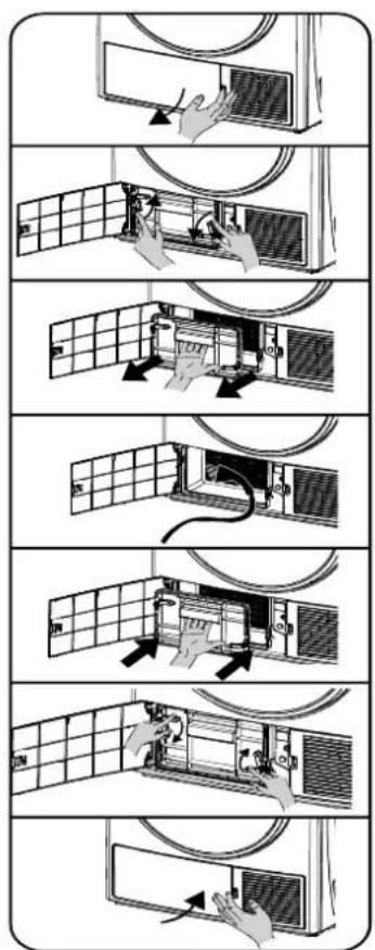 Diagram illustrating the installation and maintenance steps of an air conditioner unit, showing hand positioning, panel installation, and component assembly.