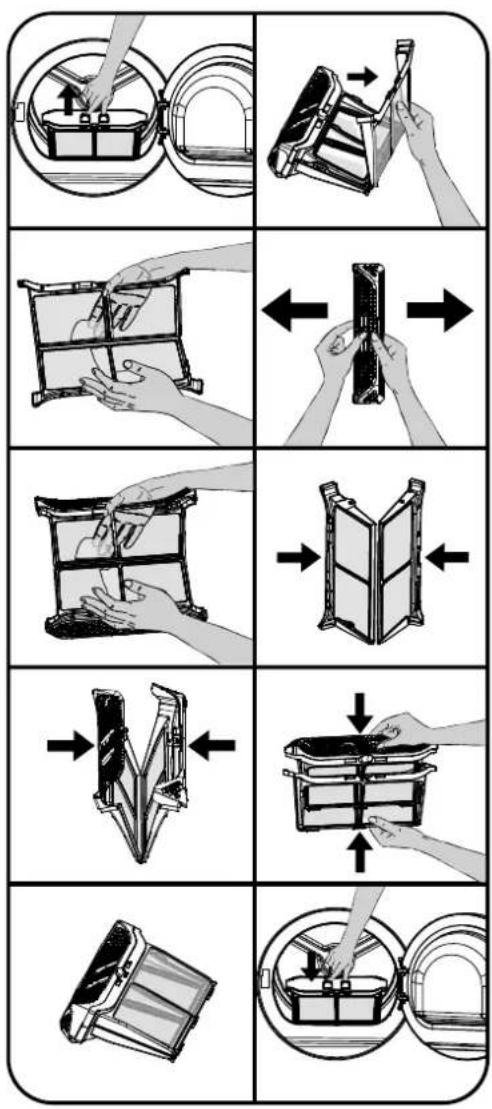 Illustration showing a mechanical device being folded or assembled, with multiple steps and directional arrows indicating movement.