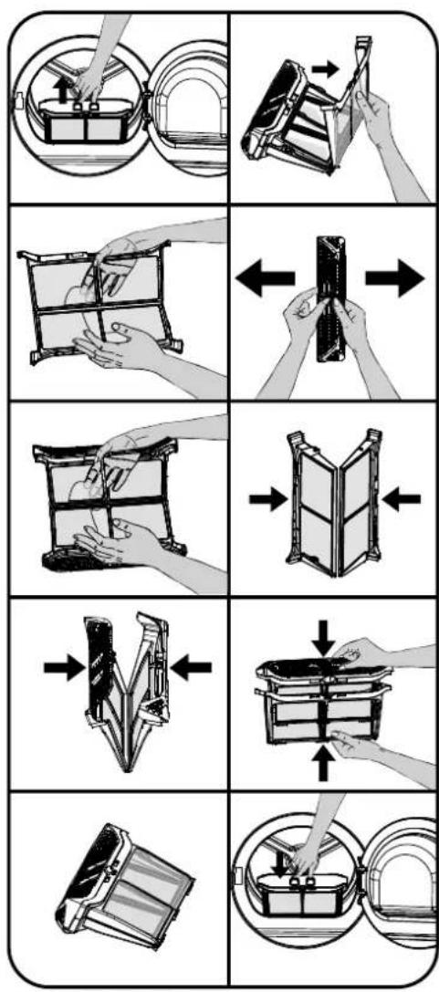 Illustration showing a mechanical assembly process with labeled steps and directional arrows indicating movement.