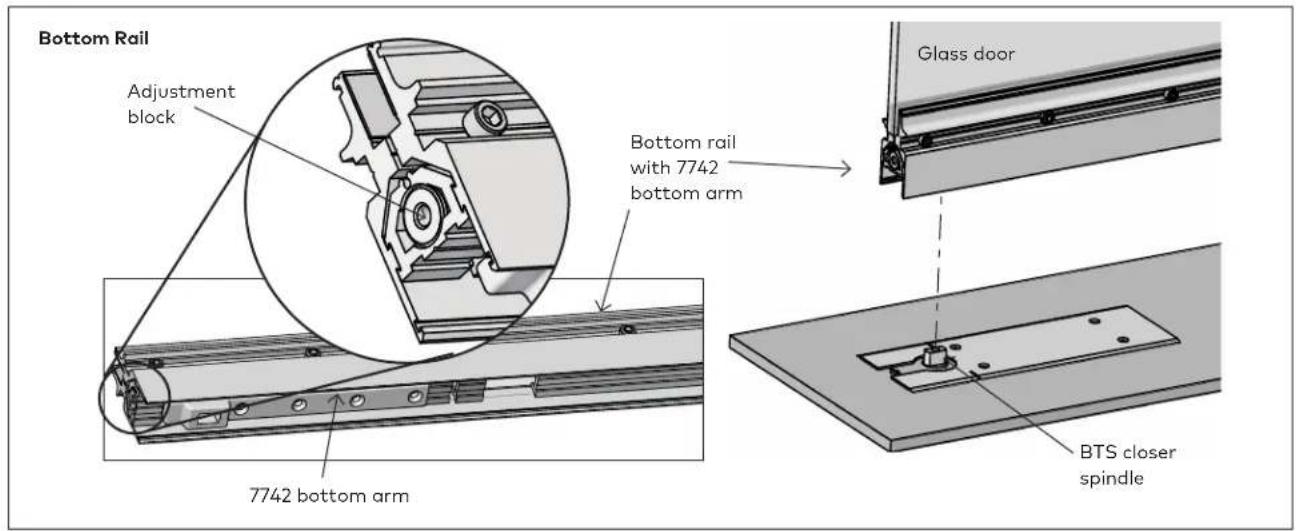 Bottom Rail Adjustment block Bottom rail with 7742 bottom arm Glass door 7742 bottom arm BTS closer spindle