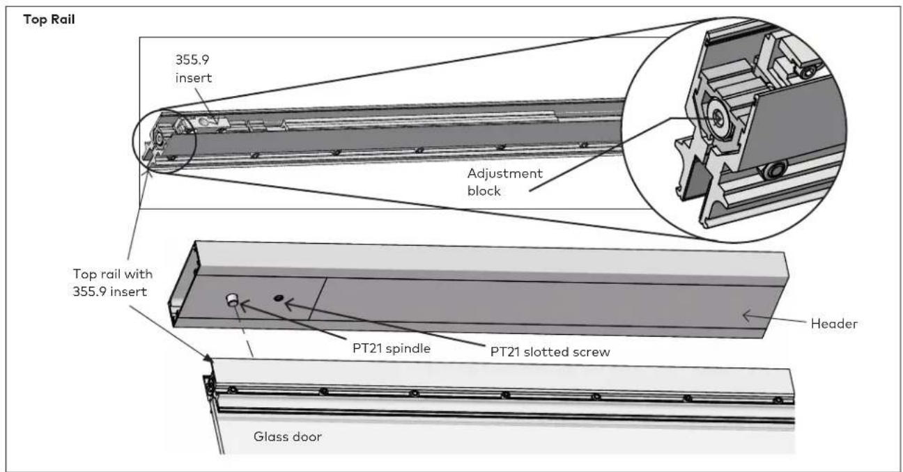 Top Rail 355.9 insert Adjustment block Top rail with 355.9 insert PT21 spindle PT21 slotted screw Glass door Header