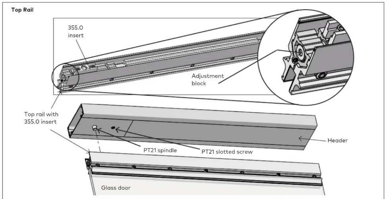 Top Rail 355.0 insert Adjustment block Top rail with 355.0 insert PT21 spindle PT21 slotted screw Header Glass door